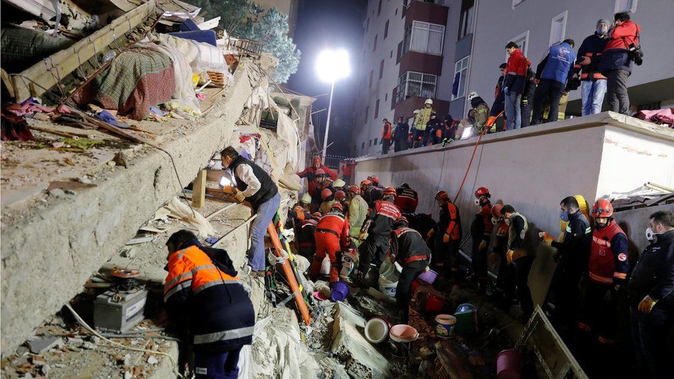 Rescuers search the rubble in Istanbul, 6 February
