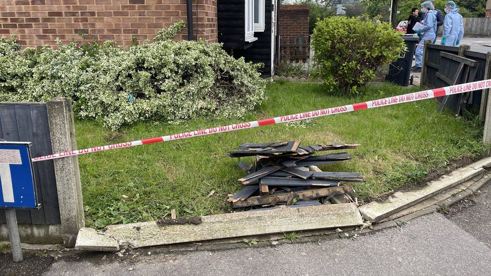 Damage to a property on Laing Close near the scene of the attack