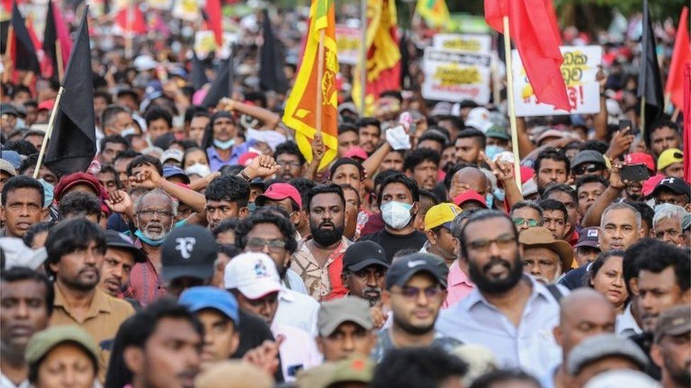 Members and supporters of the National People"s Power party stage a protest march against the current economic crisis in the capital Colombo, Sri Lanka, 19 April 2022.