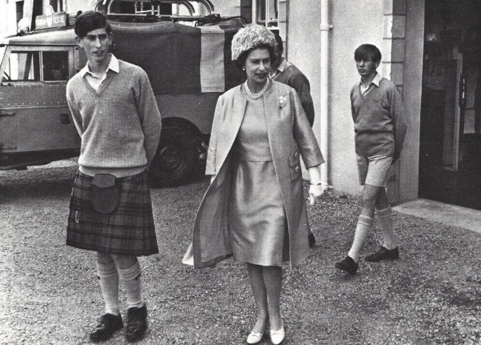 Queen Elizabeth II vising Gordonstoun during King Charles’s final year