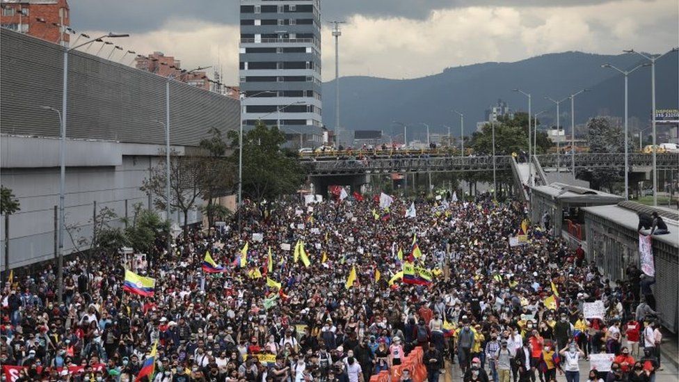 Demonstrators take part in a protest against the tax reform of President Ivan Duque"s government in Bogota, Colombia April 28, 2021