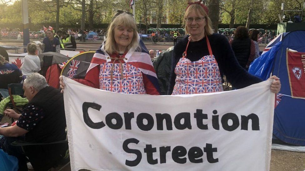 Barbara Crowther, 69, and her friend Pauline, who didn't give her last name, on The Mall wearing union flag printed aprons, ahead of the coronation.