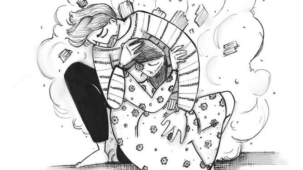 Na ilustração, homem protege mulher com o corpo contra estilhaços