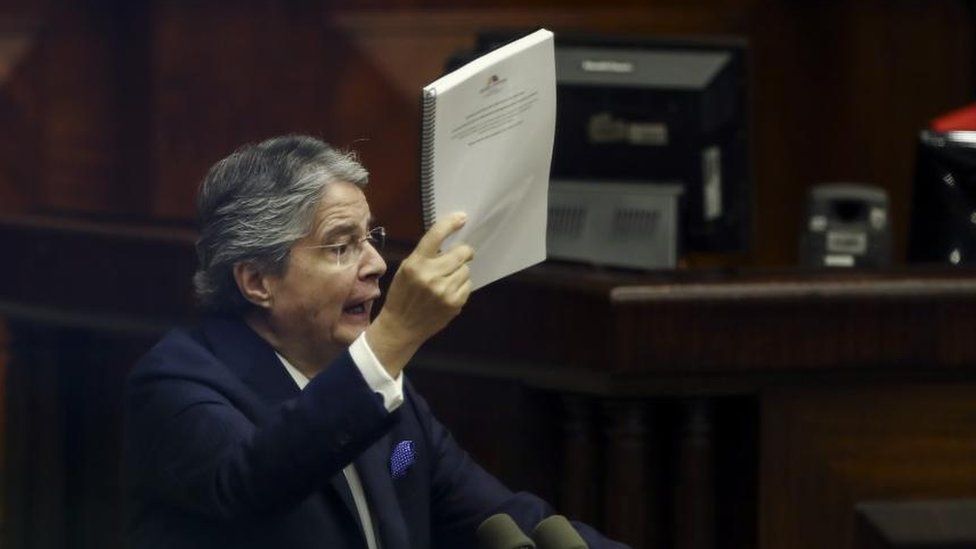 Ecuadorian President Guillermo Lasso speaks during his impeachment trial for alleged embezzlement raised by the opposition, at the headquarters of the National Assembly, in Quito, Ecuador, 16 May 2023.