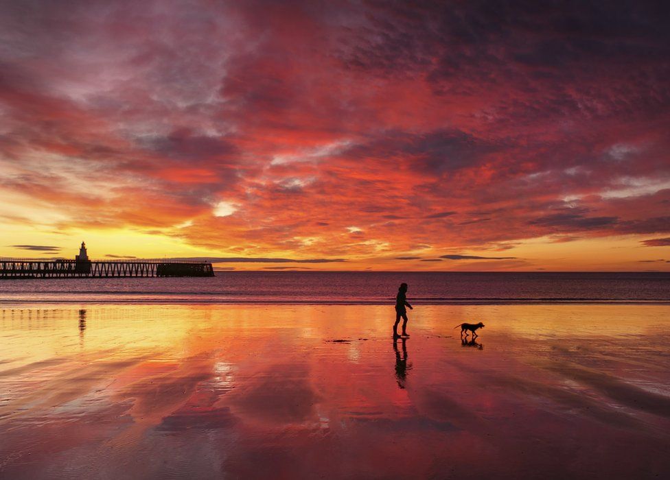 A person walking their dog on Blyth beach in Northumberland during sunrise