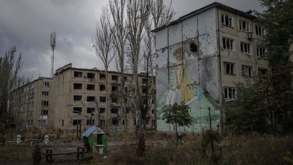 A view of damaged buildings after shellings in the frontline city of Avdiivka