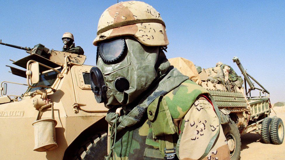 Allied soldier wearing chemical warfare equipment