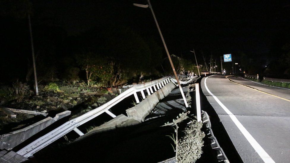 A road newly damaged in Mashiki, Kumamoto.