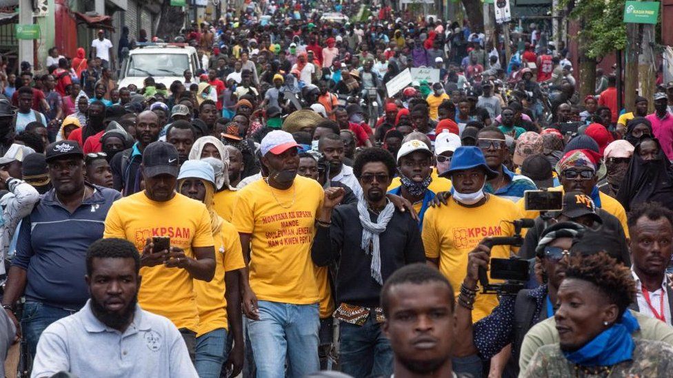Protesters participate in a large anti-government protest in Port-au-Prince, Haiti, 07 February 2024.