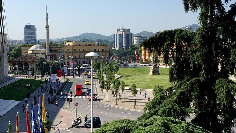 Minarets share the skyline with office towers in downtown Tirana, the Albanian capital