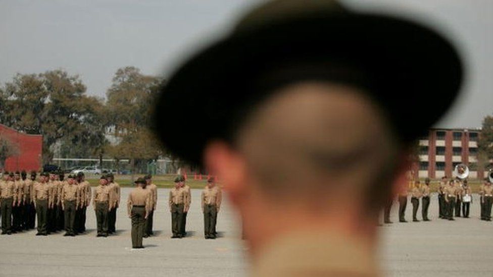 Drill sergeant inspects troops at Parris Island