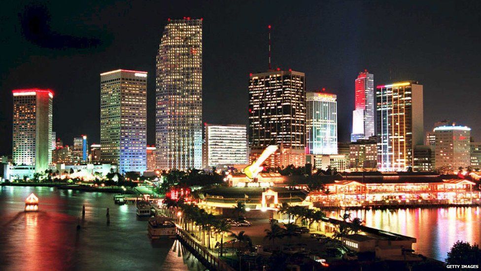 The Miami skyline seen lit up at night