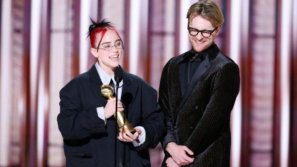 Billie Eilish and FINNEAS accept the award for Best Original Song - Motion Picture for "What Was I Made For?" — Barbie Music & Lyrics at the 81st Golden Globe Awards held at the Beverly Hilton Hotel in Beverly Hills, California, U.S., on January 7, 2024