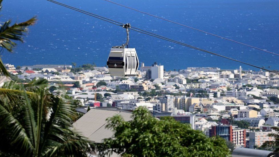 A cable car above St Denis on the Indian Ocean island of Reunion