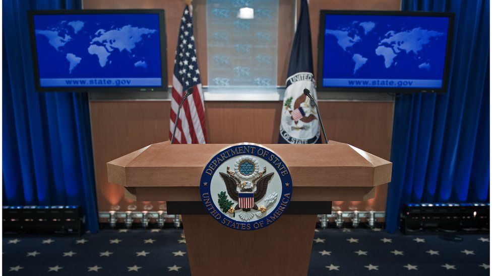 The podium-lectern area is seen November 26, 2013 in the State Department briefing room in Washington, DC