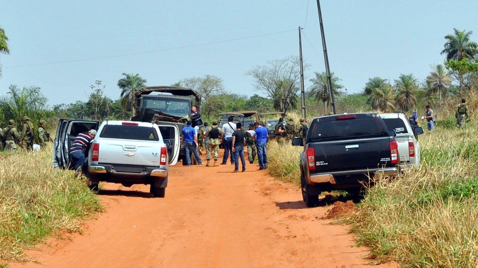 Police and soldiers remain on the site where eight Paraguayan soldiers were killed in the morning in an ambush with an IED (Improvised Explosive Device) presumably by members of the EPP leftist guerrilla, near Arroyito, 500 km north of Asuncion, on 27 August 2016.
