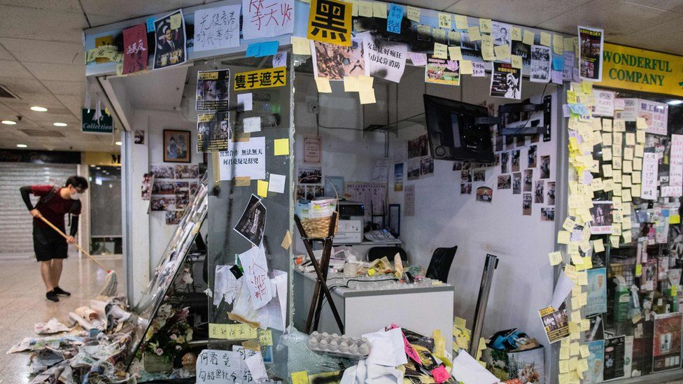 The vandalised office of lawmaker Junius Ho on 22 July 2019