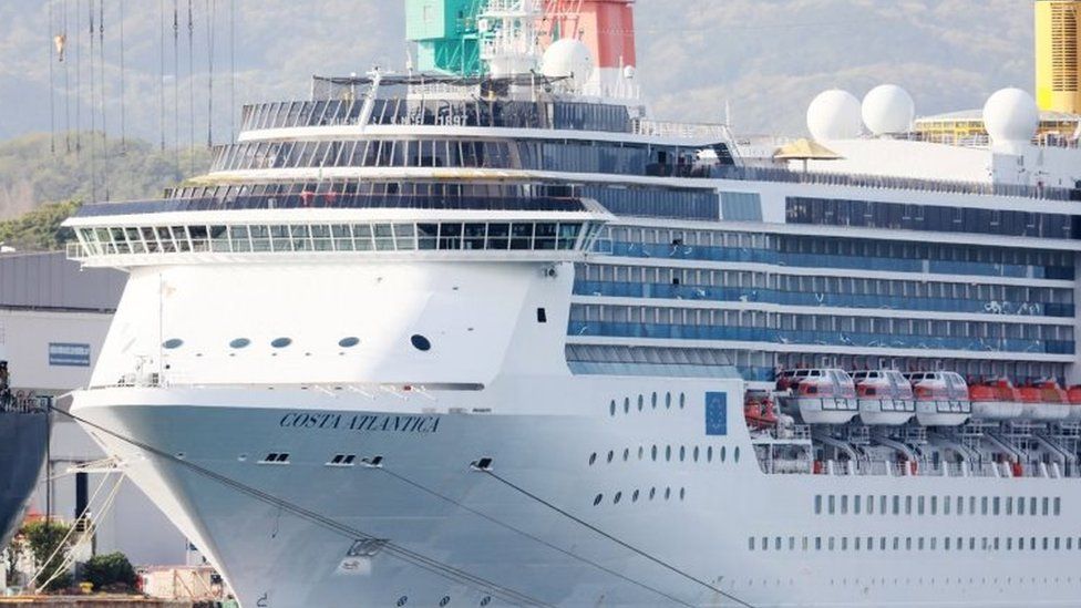 In this picture taken on April 22, 2020, cruise ship Costa Atlantica is docked at a port in Nagasaki.
