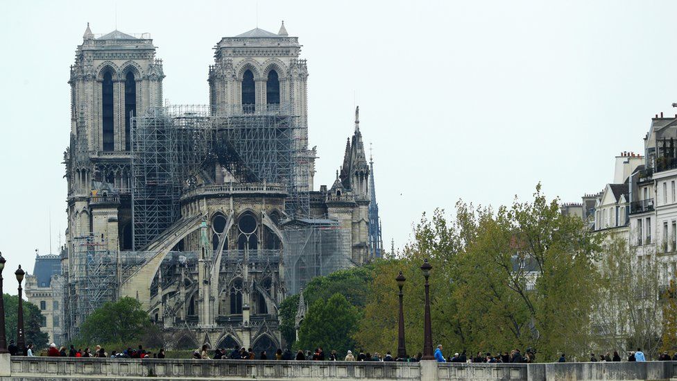 Image shows a general view of Notre-Dame cathedral following a major fire