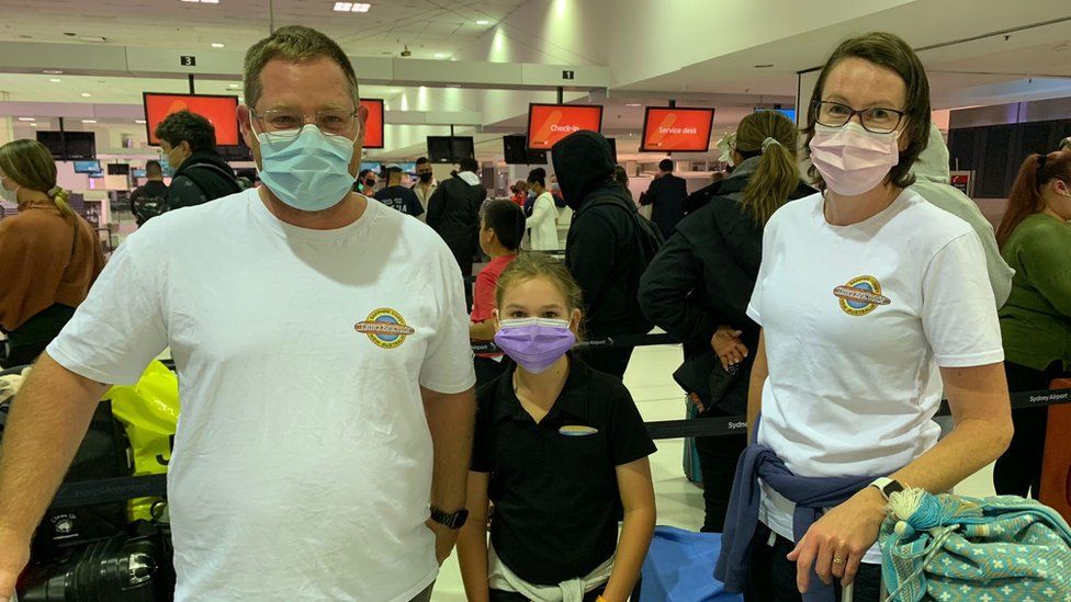 Family wearing masks at Sydney airport