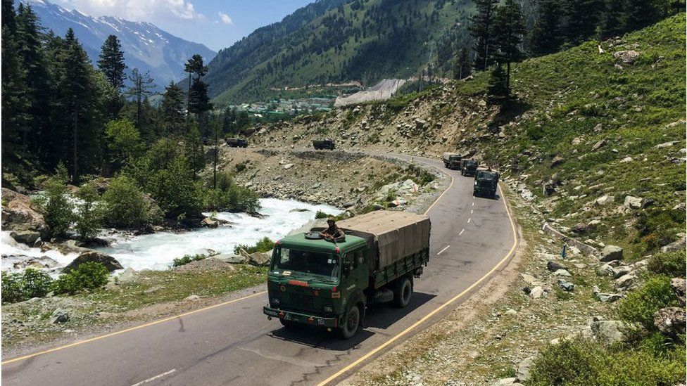 An Indian army convoy makes way towards Leh, bordering China.