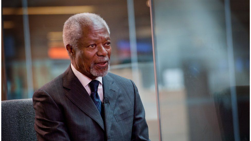 Kofi Annan during an interview at the BBC's World Service in 2014