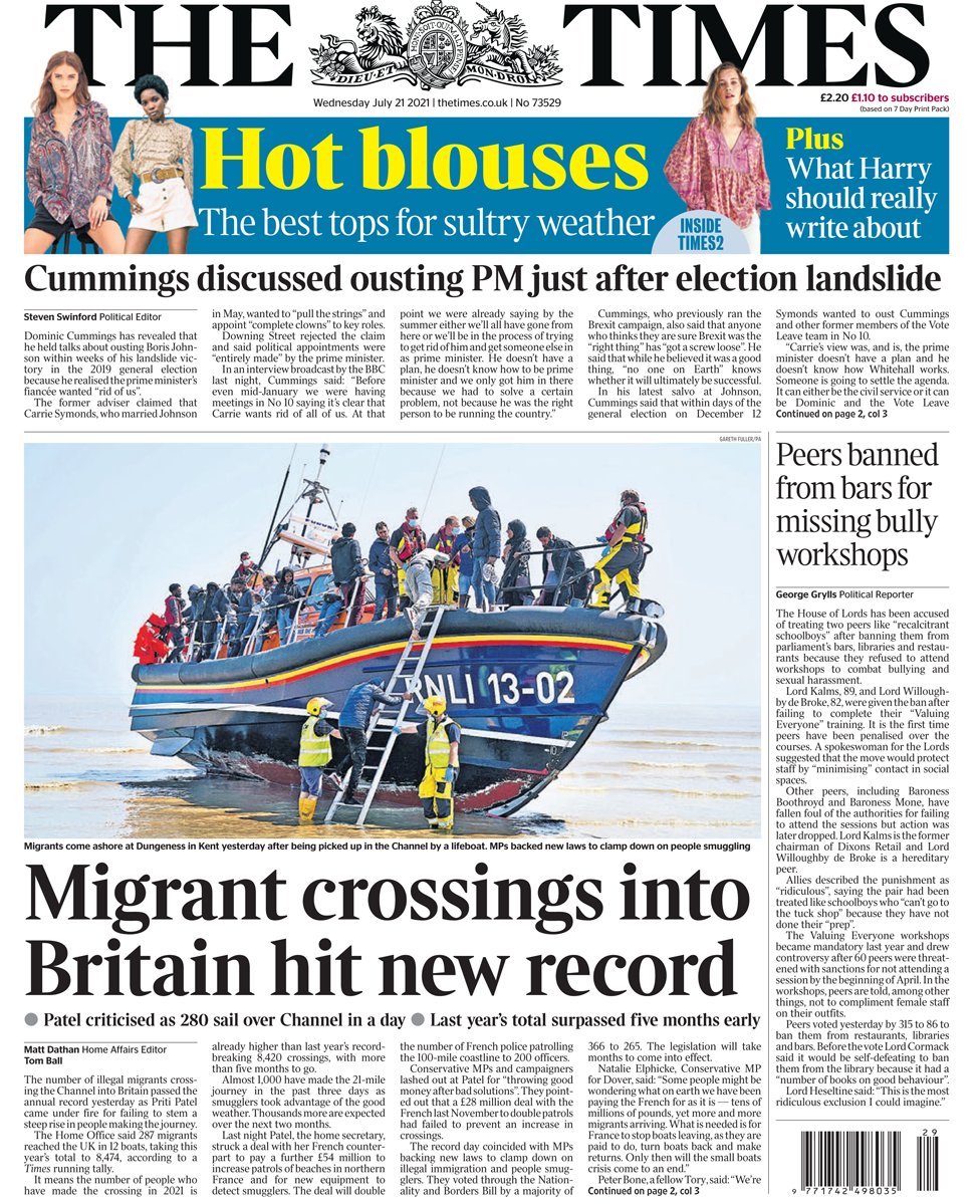 The Times front page 21/07/21