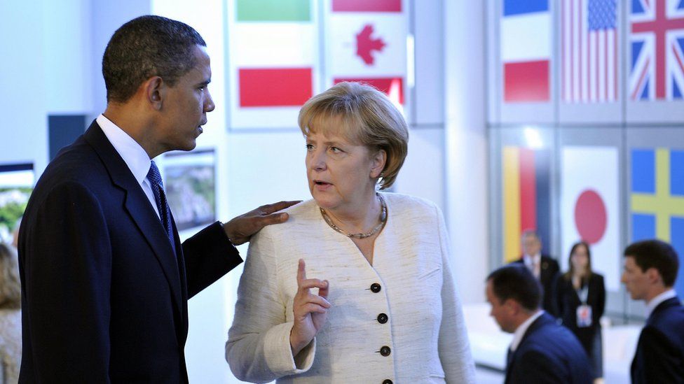 Former US President Barack Obama and Chancellor Merkel at G8 in Italy, July 2009