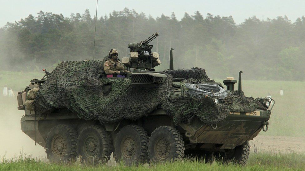 Armoured vehicle in Nato Puma-17 military exercise in Orzysz, Poland, 26 May 17