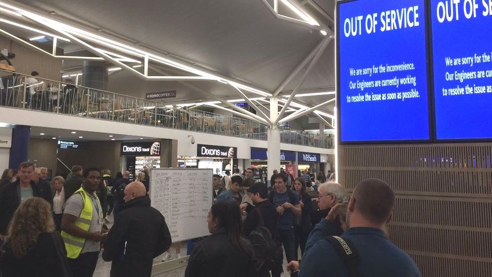 Broken screens at Bristol Airport