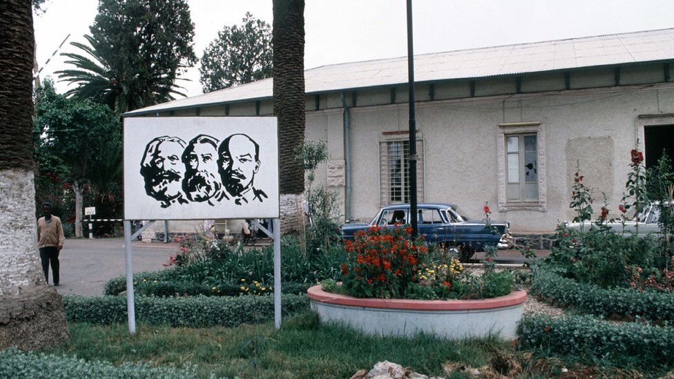 Asmara (Erithrea). Communist propaganda (during the Ethiopian activity(occupation)). Marx, Engels and Lenin.