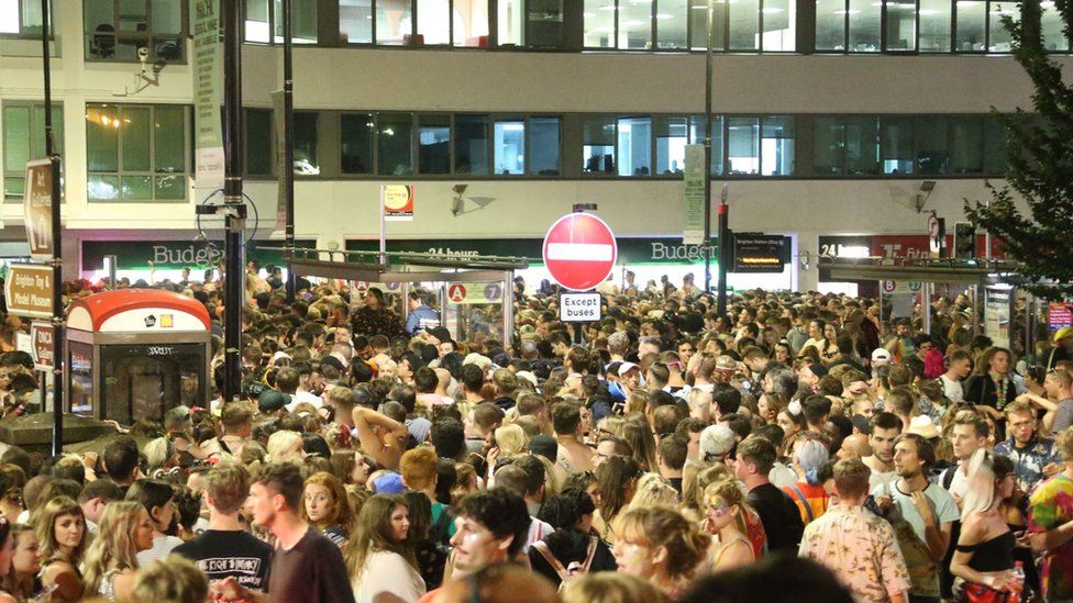The crowds outside Brighton railway station