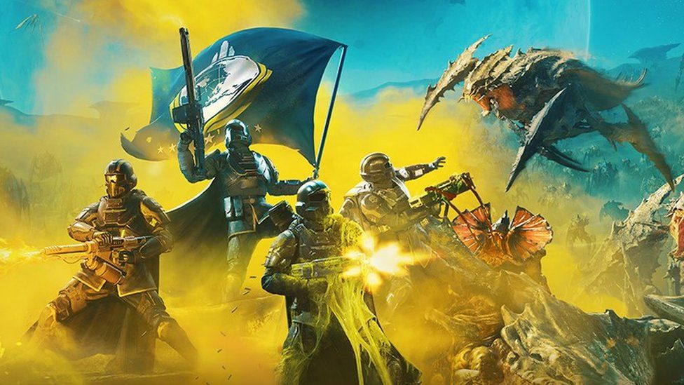 A drawing of four heavily armoured soldiers wearing capes and wielding space-aged guns. One holds a blue flag with a white globe logo on it. They're surrounded by a cloud of yellow dust, thrown up by the insect-like creature leaping towards them, its round mouth full of razor-sharp teeth opened wide and ready to attack.