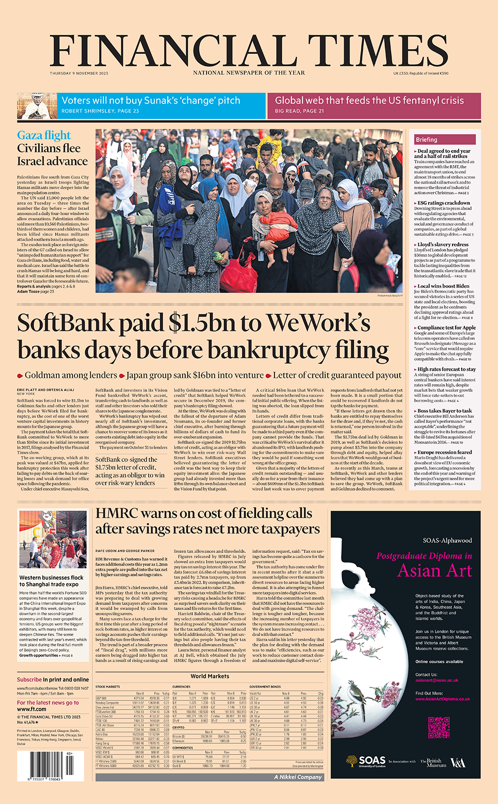 Titulli në Financial Times thotë: "SoftBank u pagoi 1.5 miliardë dollarë bankave të WeWork ditë përpara paraqitjes së falimentimit".