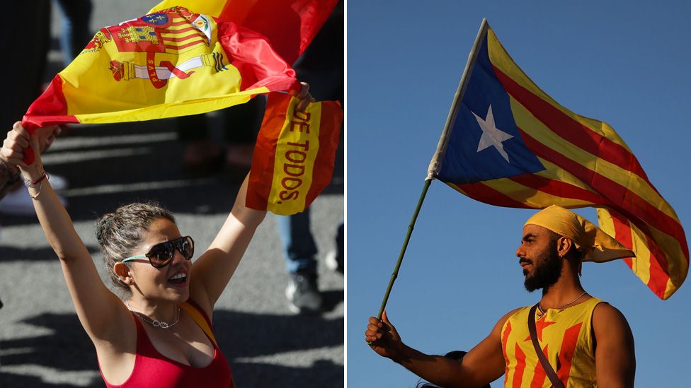 Demonstrators in Barcelona: pro-Spain (L) and pro-independence