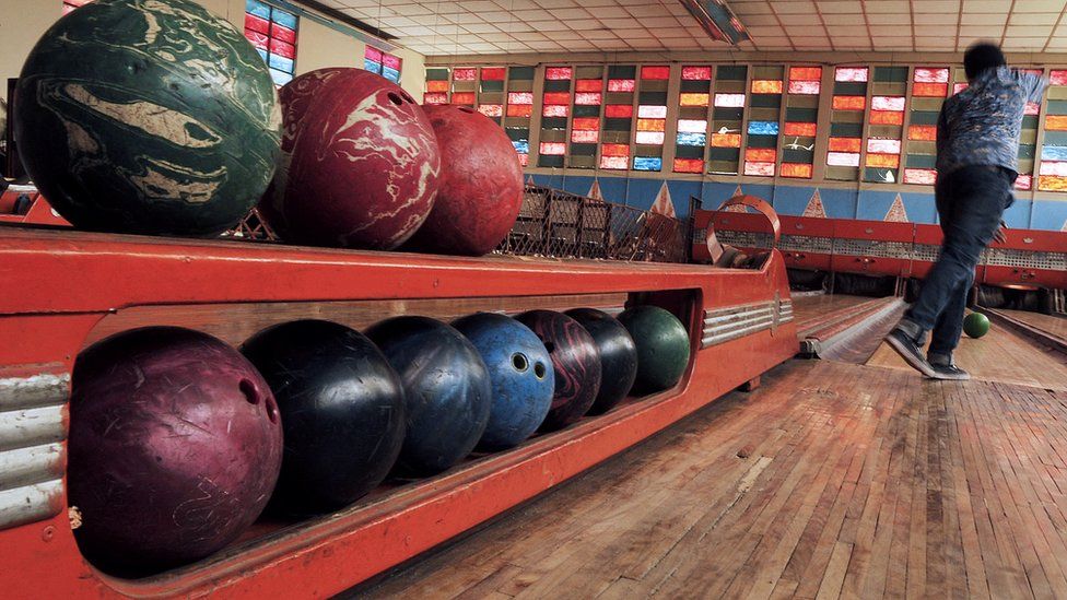 close up of bowling balls