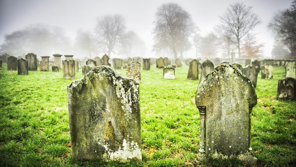 Two headstones successful  a sedate  gait   connected  a misty day