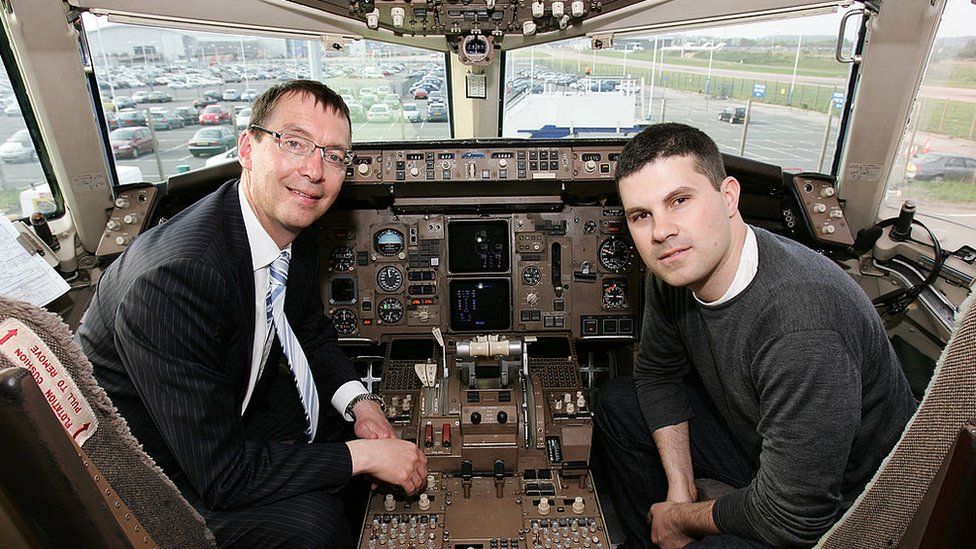 Managing director of Monarch Airlines and Dan Baxter, General Manager of Hed Kandi pose in the cockpit as they unveil a Monarch Airlines Boeing 757 emblazoned with the Hed Kandi logo at Luton Airport on April 27, 2007