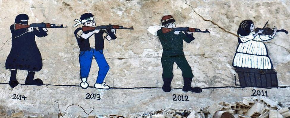 This picture depicts the changing nature of the Syrian conflict, from peaceful protests (2011), to regime forces (2012), to rebel gains (2013), and finally the rise of Islamic State (2014)