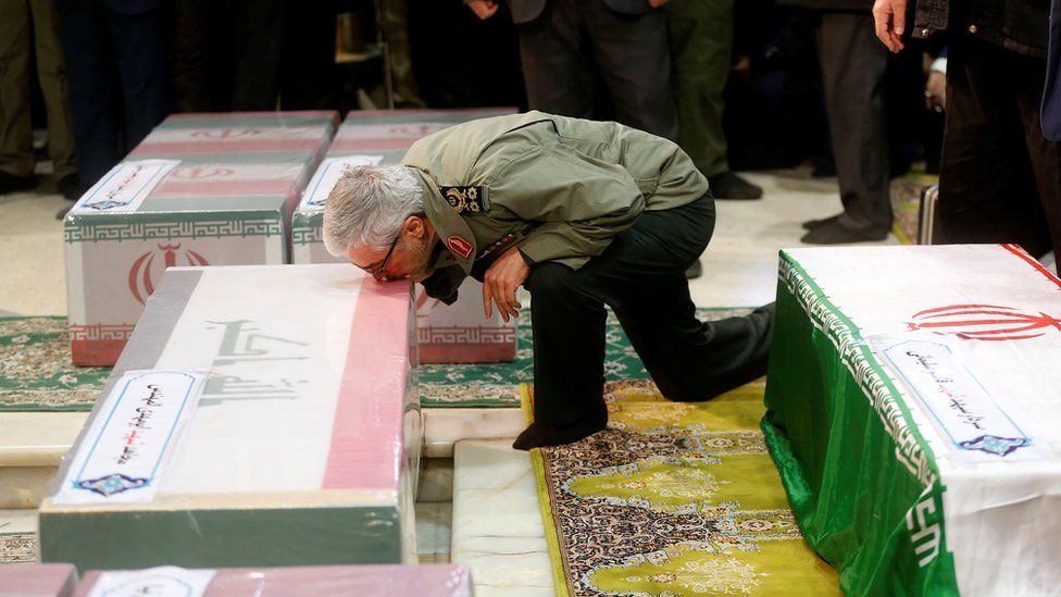 Brigadier General Esmail Ghaani, the newly appointed commander of Iran's Quds Force, kisses a coffin during funeral prayers in Tehran, 6 January 2020