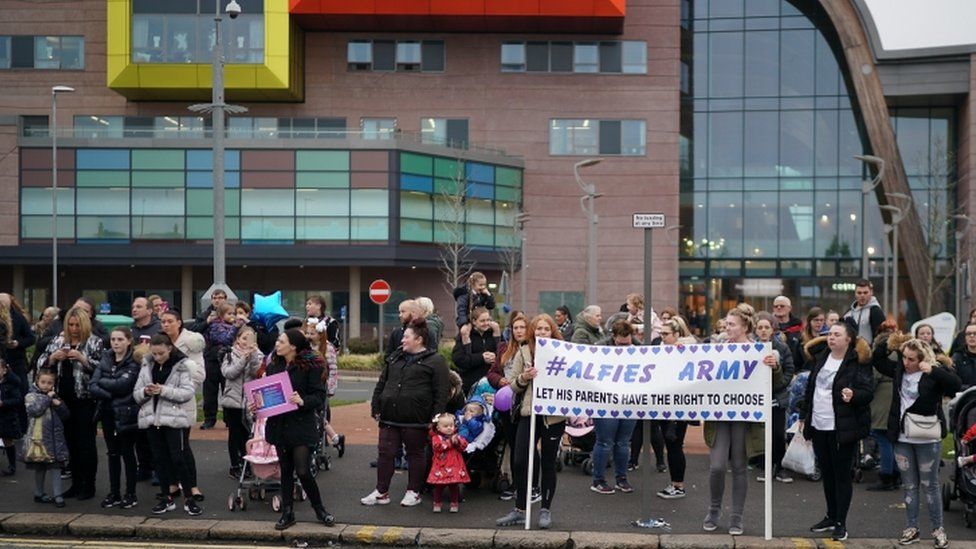 Protesters outside Alder Hey Children's Hospital