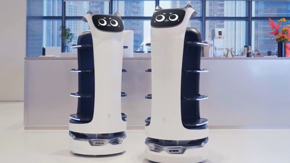 Two BellaBot robots in a restaurant