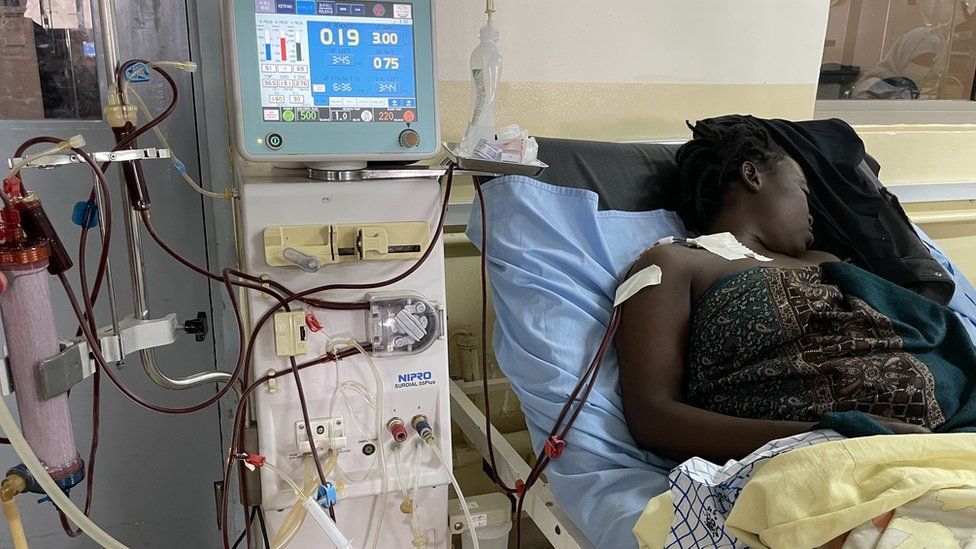 Woman receiving dialysis