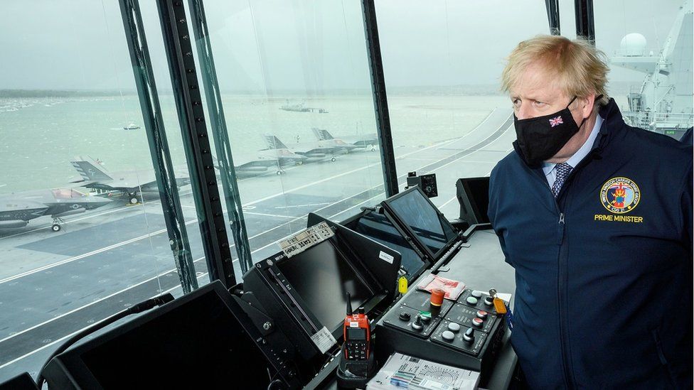 Prime Minister Boris Johnson on board the HMS Queen Elizabeth