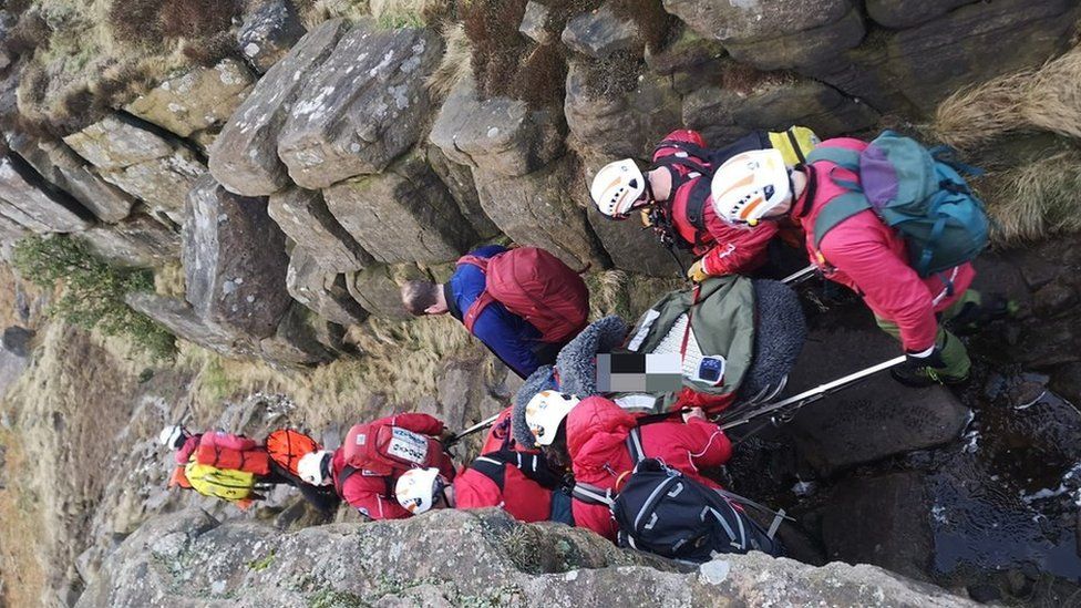 An image of the Edale Mountain Rescue Team after being called out to a rescue in the Peak District, Derbyshire
