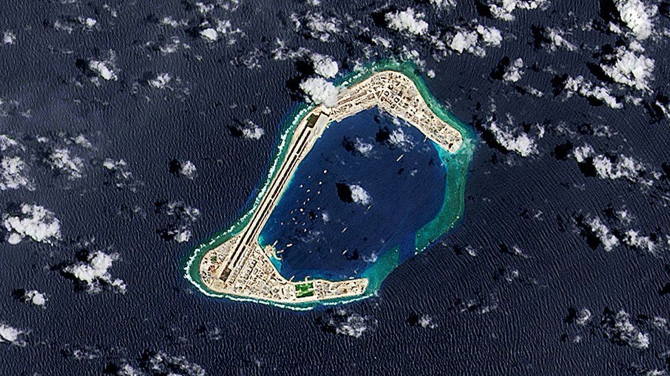 A satellite image of Subi Reef, an artificial island being developed by China in the Spratly Islands in the South China Sea. Image taken 4 September 2016. (Photo by USGS/NASA Landsat data/Orbital Horizon/Gallo Images/Getty Images)