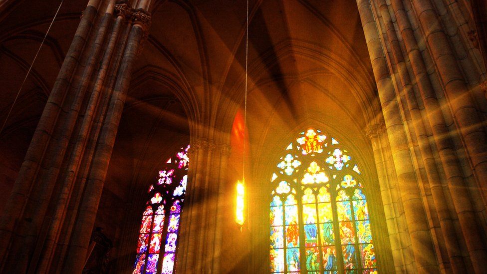 Stained glass windows in a church.