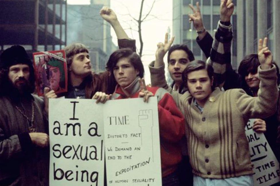 Segal (on right) campaigning with the Gay Liberation Front in 1970, a year after the uprising