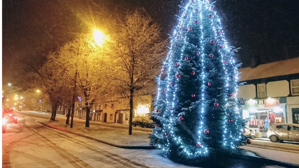 snowy scene with chirsmas tree in moira