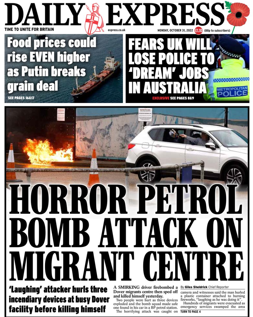 An image of a man throwing a device out of the window of a car at the Dover migrant centre is on the front page of the Express.